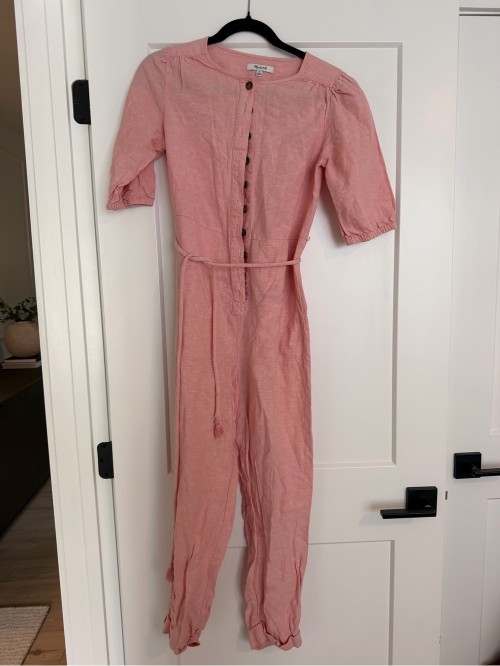 Madewell Pink Linen Button-Front Jumpsuit with Tie Waist